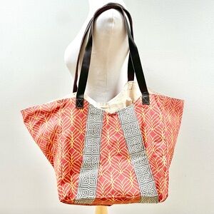 NEW Anthropologie Canvas Hand Block-Printed Red Tote Beach Bag w/ Leather Straps